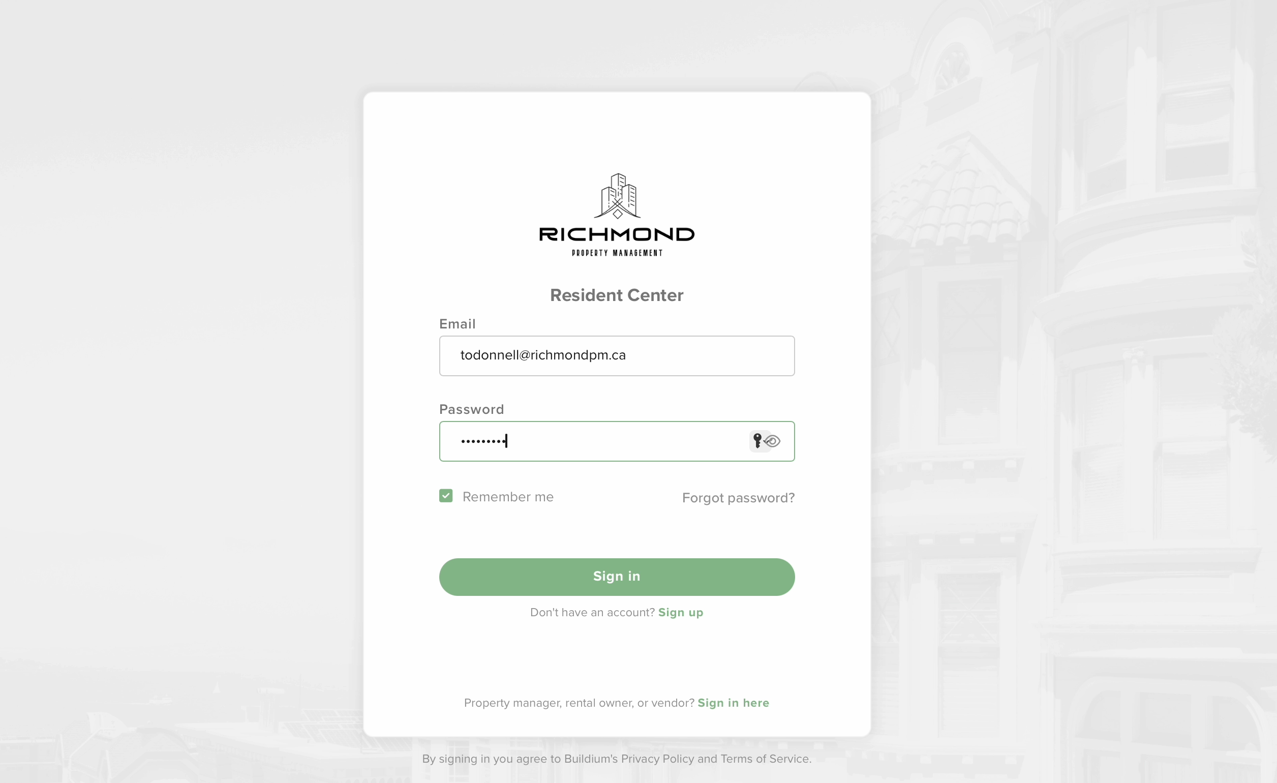 Resident Centre log in screen